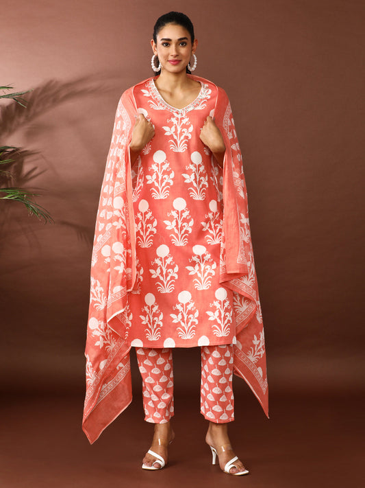 Floral Embroidered Straight Kurta & Trousers Sets
